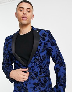 Синий приталенный пиджак с темно-синим флоковым принтом Twisted Tailor Jackalope-Голубой