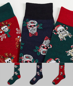 Набор из 3 пар носков с новогодними принтами черепов в подарочной упаковке Jack & Jones-Зеленый цвет