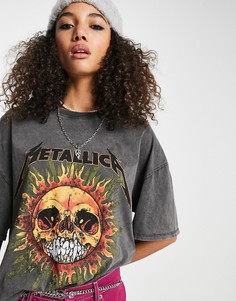 Серая выбеленная футболка с принтом «Metallica» в стиле рок Bershka-Серый