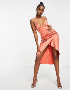 Имбирное атласное платье миди с корсетной отделкой из швов ASOS DESIGN-Оранжевый цвет