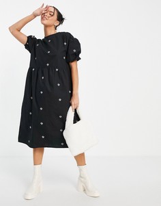 Платье миди с присборенной юбкой, объемными рукавами и контрастной вышивкой грибов Native Youth-Черный цвет
