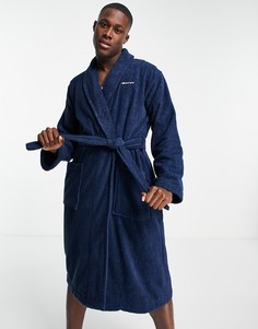 Темно-синий махровый халат с маленьким логотипом GANT