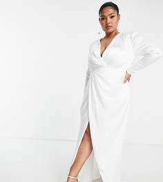 Атласное свадебное платье с глубоким вырезом, складками и запахом ASOS EDITION Curve Sadie-Белый