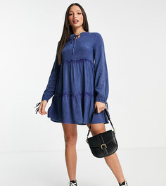 Ярусное платье мини с присборенной юбкой и длинными рукавами из шамбре Influence Tall-Голубой