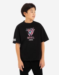 Чёрная футболка oversize с космическим принтом и надписью Astral для мальчика Gloria Jeans