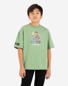 Хаки футболка oversize с космическим принтом и надписью System для мальчика Gloria Jeans