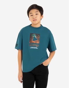 Синяя футболка oversize с космическим принтом и надписью Energy для мальчика Gloria Jeans