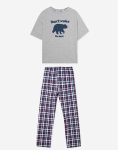 Пижама с принтом Dont wake the bear и брюками в клетку для мальчика Gloria Jeans