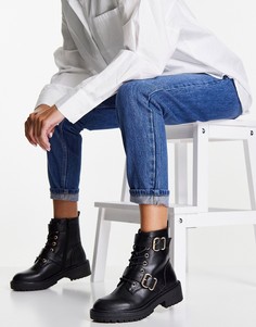 Черные ботинки с плоской подошвой, шнуровкой и пряжками New Look-Черный цвет