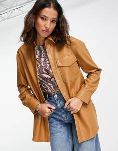 Бежевая куртка-рубашка в стиле oversized из искусственной кожи Topshop-Коричневый цвет