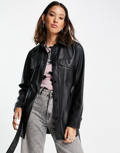 Черная куртка-рубашка из искусственной кожи с длинными рукавами и поясом Topshop-Черный цвет