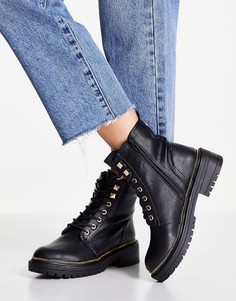 Черные ботинки на шнуровке и плоской массивной подошве в стиле милитари New Look-Черный цвет