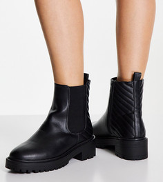 Высокие ботинки черного цвета со стеганой вставкой и плоской подошвой New Look Wide Fit-Черный цвет