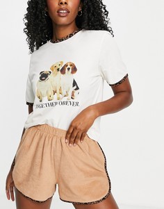 Пижамный комплект из футболки с принтом "Together Forever" с собаками и махровых шорт кремового и коричневого цвета ASOS DESIGN-Разноцветный