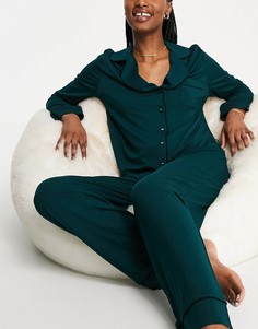 Зеленая пижама из рубашки с длинными рукавами и брюк с контрастным кантом ASOS DESIGN-Зеленый цвет
