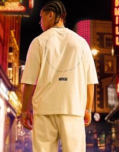 Светло-бежевая oversized-футболка с круговым принтом надписей ASOS DESIGN-Серый