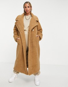 Коричневое двубортное пальто из искусственного меха в стиле oversized River Island-Коричневый цвет