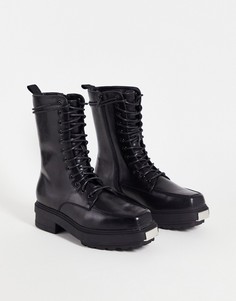 Черные высокие ботинки из искусственной кожи на шнуровке и массивной подошве с приподнятым квадратным носом ASOS DESIGN-Черный цвет