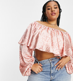 Розовый кроп-топ с оборками, длинными рукавами и открытыми плечами ASOS DESIGN Curve-Разноцветный