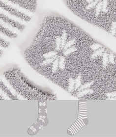 Набор из 2 пар пушистых носков серого цвета со снежинками и в полоску Loungeable-Серый