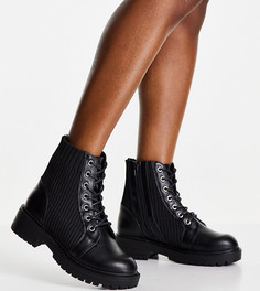 Черные ботинки на шнуровке с плоской подошвой и трикотажными вставками для широкой стопы New Look Wide Fit-Черный цвет