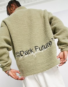 Oversized-куртка на сквозной молнии из искусственного меха под овчину нейтрального цвета с вышитым логотипом и высоким воротником ASOS Dark Future-Светло-бежевый цвет