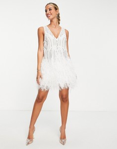 Белое платье мини со стразами, бусинами и отделкой искусственными перьями по нижнему краю ASOS EDITION-Белый