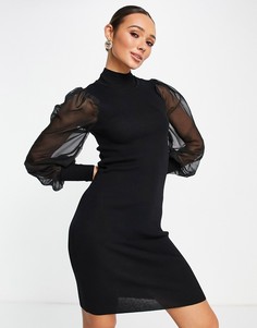 Вязаное платье мини черного цвета с прозрачными рукавами Y.A.S-Черный цвет