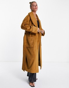 Бежевое строгое oversized-пальто с запахом и воротником Pretty Lavish-Коричневый цвет