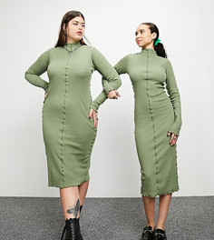 Шалфейно-зеленое платье миди в рубчик с декоративными швами COLLUSION-Зеленый цвет