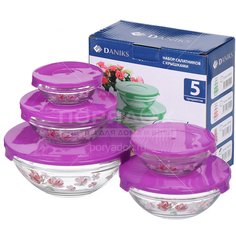 Салатник стекло, круглый, 5 шт, 9,10.3,12.5,14,17 см, с крышкой, Пионы, Daniks, фиолетовый