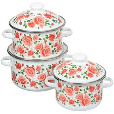 Набор эмалированной посуды 6 предметов, кастрюли 2,3,4 л, Сибирские товары, Роза плетистая 15, N15B88