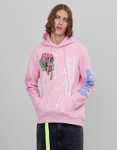 Розовый худи с графическим принтом на груди и спине Bershka-Розовый цвет