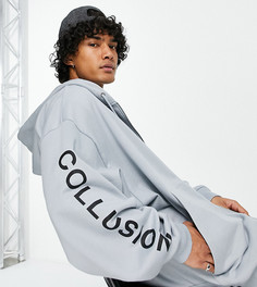 Серый худи в стиле "extreme oversized" на сквозной молнии с логотипом COLLUSION