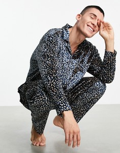 Велюровый домашний пижамный комплект из рубашки и брюк с леопардовым принтом ASOS DESIGN-Разноцветный
