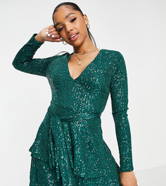 Эксклюзивное ярусное платье мини изумрудного цвета с глубоким вырезом и отделкой пайетками In The Style-Зеленый цвет