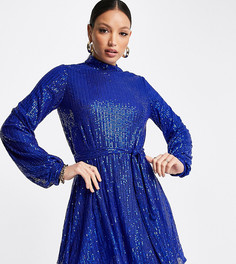 Эксклюзивное платье мини кобальтового цвета в стиле oversized с объемными рукавами, пайетками и поясом In The Style Tall-Голубой