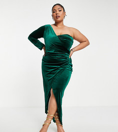 Эксклюзивное платье изумрудно-зеленого цвета на одно плечо с разрезом Jaded Rose Plus-Зеленый цвет
