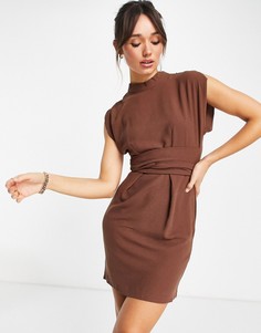 Шоколадное платье мини с поясом оби Closet London-Коричневый цвет