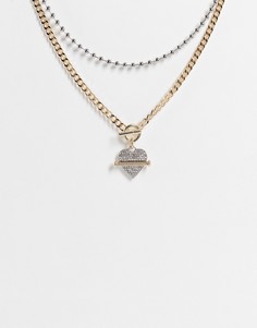 Золотистое ожерелье из нескольких цепочек с подвеской в виде сердца с шурупом и отделкой стразами Topshop-Золотистый