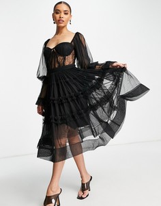 Черное платье миди из тюля с лифом в стиле корсета Lace & Beads-Черный цвет