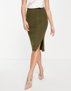 Юбка миди цвета хаки в рубчик с разрезом сбоку Vero Moda-Зеленый цвет