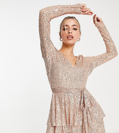 Эксклюзивное многоярусное платье мини цвета розового золота с глубоким вырезом и пайетками In The Style-Золотистый