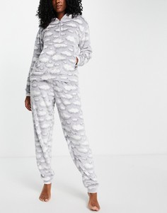 Флисовая серая пижама с принтом облаков и на короткой молнии Loungeable-Серый