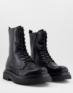 Черные ботинки из искусственной кожи в минималистичном стиле на массивной подошве и шнуровке Truffle Collection-Черный цвет