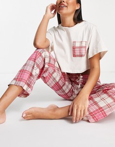 Трикотажный пижамный комплект из свободной футболки и брюк в клетку Miss Selfridge-Розовый цвет