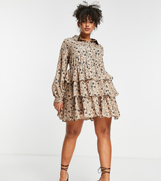 Ярусное платье мини с расклешенной юбкой, объемными рукавами и кремовым цветочным принтом In The Style Plus x Billie Faiers-Разноцветный