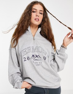 Серый oversized-свитшот с короткой молнией и надписью "Vermont" Bershka