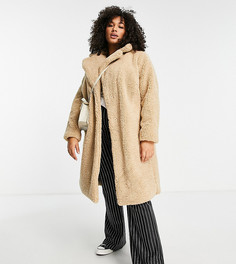Плюшевое пальто бежевого цвета New Look Curve-Коричневый цвет