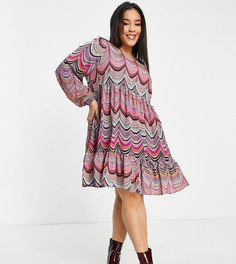 Платье мини с присборенной юбкой, квадратным вырезом и волнистым принтом Vila Curve-Разноцветный